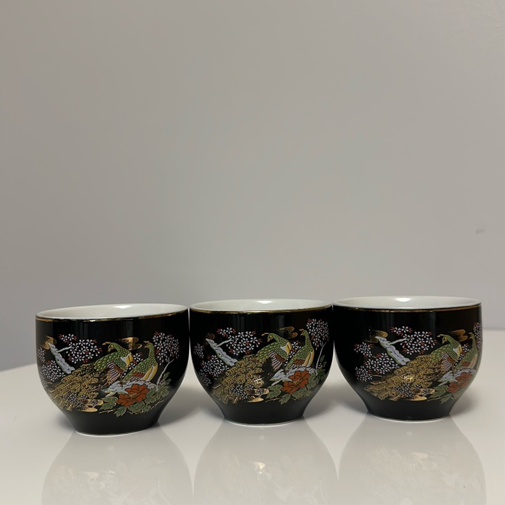 3 Vintage Japanese Black Cups w/Peacock & Cherry Blossoms